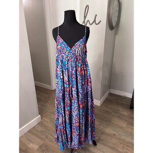 Akualani Purple Blue Floral Cotton Maxi Dress Tiered V-Neck Strappy Womens Large